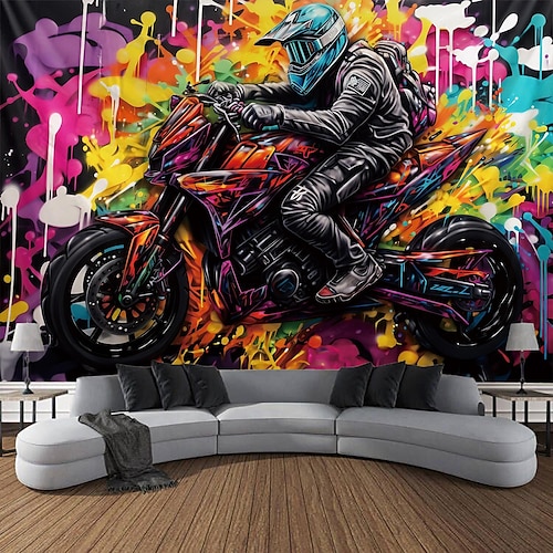 Graffiti-Motorrad-Hängeteppich, Wandkunst, großer Wandteppich, Wanddekoration, Fotografie, Hintergrund, Decke, Vorhang, Zuhause, Schlafzimmer, Wohnzimmer, Dekoration Image