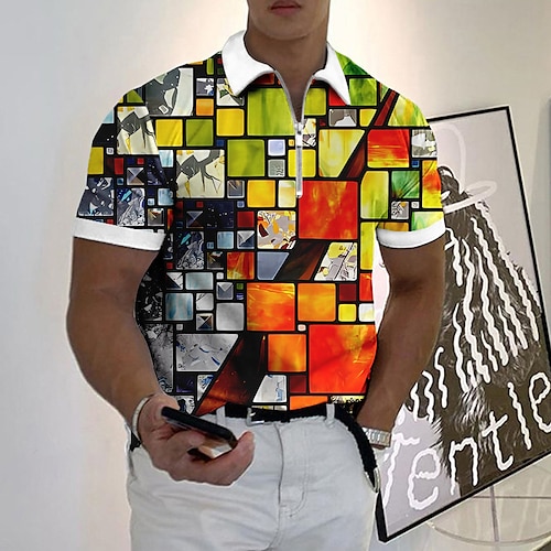 Herren Grafik Poloshirts mit Reißverschluss Golfshirt Kurzarm Polo-Shirts Hemden mit Kragen Lässig Urlaubskleidung Rave-Kleidung Party-Outfits 3D-Druck Viertelreißverschluss-Poloshirt Blau Gelb Image