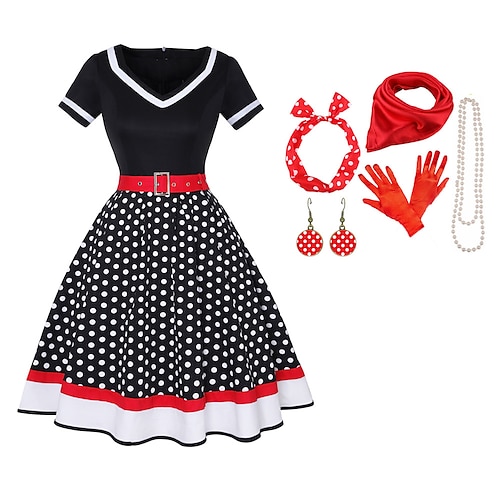 50er Jahre Outfit Schlagkleid Gürtel 7-tlg 50er Jahre Accessoires Set Retro Vintage Swing Kleid Damen Cosplay Kostüm Party Date Festival Image