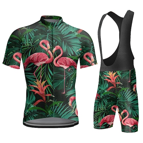 Herren Radtrikot mit Trägershorts Kurzarm Mountainbike MTB Straßenradsport Sommer Dunkelgrau Schwarz Weiß Grafik Flamingo Lustig Fahhrad 3D-Polster Schnelltrocknend Rückentasche Image