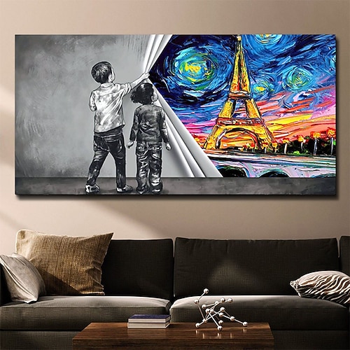 handgefertigte handgemalte Wandkunst moderne abstrakte Van Gogh Sternennacht Landschaft Heimdekoration Dekor gerollte Leinwand ohne Rahmen ungedehnt Image