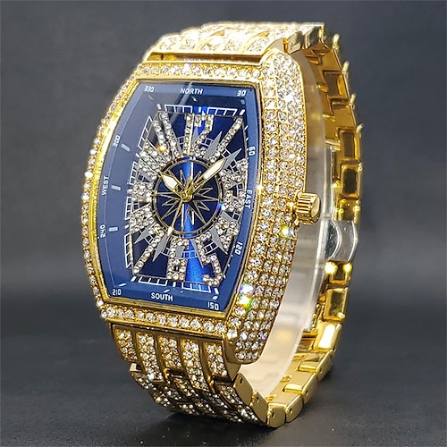 Eingefrorene Quarz Uhr für Männer Frauen Große Handgelenke Voll-Diamant Quarz Uhren Herren Blaue Zifferblatt Hip Hop Zubehör Wasserdichte Reloj Hombre Image