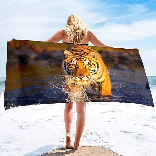 1 Stück große, dicke Bade- und Duschtücher, 3D-weißes Tiger-Design, Baumwoll-Strandtuch für Damen und Herren, Reisen, Schwimmen, Yoga, Decke Image
