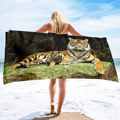1 Stück große, dicke Bade- und Duschtücher, 3D-weißes Tiger-Design, Baumwoll-Strandtuch für Damen und Herren, Reisen, Schwimmen, Yoga, Decke Image