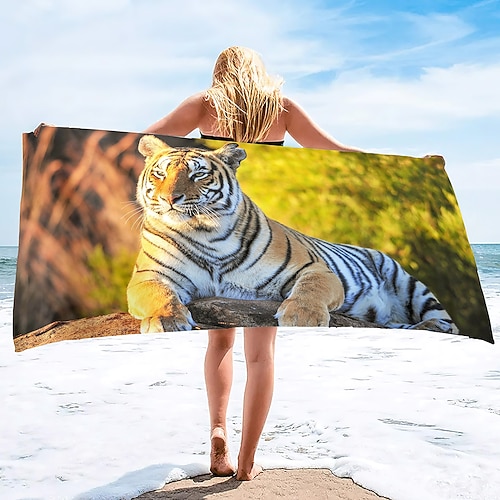 1 Stück große, dicke Bade- und Duschtücher, 3D-weißes Tiger-Design, Baumwoll-Strandtuch für Damen und Herren, Reisen, Schwimmen, Yoga, Decke Image