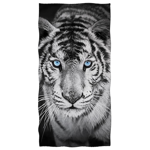 1 Stück große, dicke Bade- und Duschtücher, 3D-weißes Tiger-Design, Baumwoll-Strandtuch für Damen und Herren, Reisen, Schwimmen, Yoga, Decke Image
