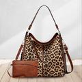 Damen Handtasche Umhängetasche Bucket-Taschen PU-Leder Einkauf Täglich Reißverschluss Hohe Kapazität Kuh-Druck Leopard Brown Braunes zweiteiliges Set mit Milchmuster Zweiteiliges Set in Leopardenbraun