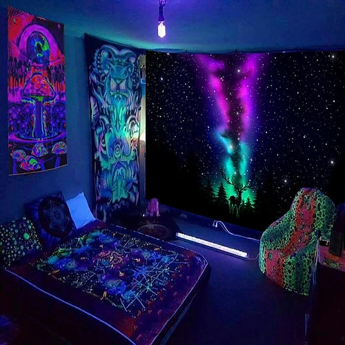 Schwarzlicht Wandteppich UV reaktiv im Dunkeln leuchtend Party Neon psychedelisch trippig neblig hängender Wandteppich Wandbild für Wohnzimmer Schlafzimmer Stern Löwe Image