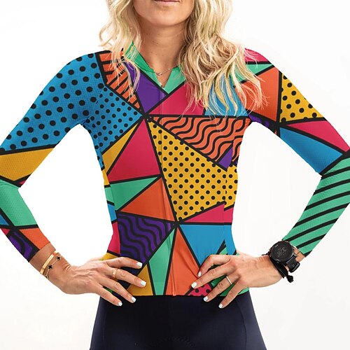Damen Radtrikot Geometrisch Geometrie Lustig Langarm Fahhrad Trikot Oberteil mit 3 Gesäßtaschen Mountainbike MTB Straßenradsport Schnelltrocknend Reflektierende Streifen Rückentasche Image
