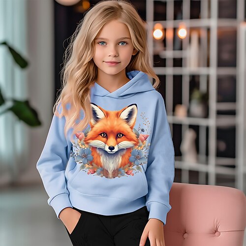 Mädchen 3D Graphic Karikatur Fuchs Kapuzenshirt Langarm 3D-Druck Sommer Frühling Herbst Aktiv Modisch Kuschelig kinderkleidung 3-12 Jahre Outdoor Casual Täglich Regular Fit Image
