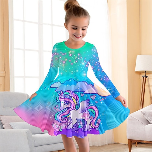 Mädchen' 3D Blumen Regenbogen Kleid Rosa Langarm 3D-Druck Herbst Winter Urlaub Sport Natur Täglich Kuschelig Brautkleider schlicht Schön kinderkleidung 3-12 Jahre Casual kleid A Linie Kleid Übers Image