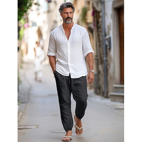 100% Leinen Herren Leinenhose Hose Hosen Sommerhosen Kordelzug Elastische Taille Elastischer Ärmelbund Glatt Atmungsaktiv Komfortabel Täglich Urlaub Ausgehen Klassisch Brautkleider schlicht Schwarz Image