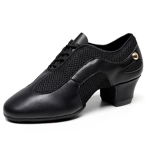 Schwarze Latein-Tanzschuhe aus Lackleder für Damen – atmungsaktive Ballsaal-Performance-Schnürschuhe aus Mesh mit Wildledersohle für Salsa und Tango Image