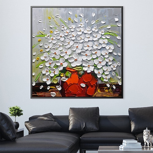 Handgemaltes 3D-modernes Leinwand-Blumengemälde, Vase, schwarze weiße Blume, blühendes Blumen-Ölgemälde für Heimdekoration Image