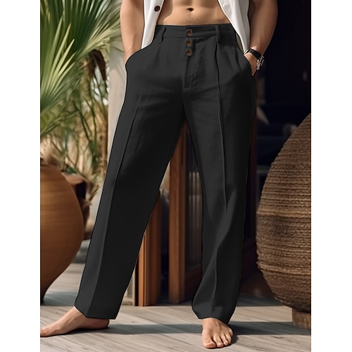 40 % Leinen Herren Leinenhose Hose Hosen Sommerhosen Knopf Tasche Gerade geschnitten Glatt Atmungsaktiv Komfortabel Urlaub Büro / Geschäftlich Täglich Klassisch Brautkleider schlicht Schwarz Weiß Image