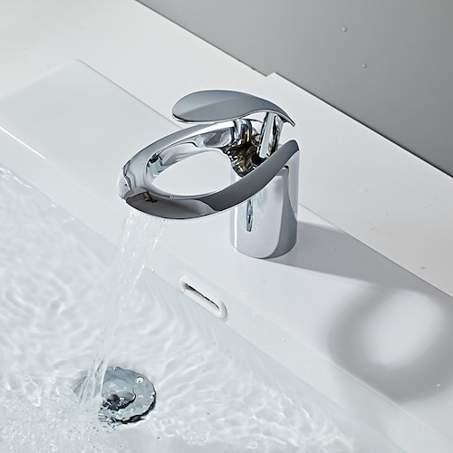 Waschbecken-Mischbatterie, Messing mattschwarzer Wasserfall weit verbreiteter Einhand-Einloch-Waschtischarmatur mit Heiß- und Kaltschalter Chromweiß Image