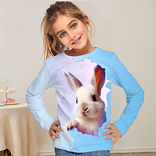 Mädchen 3D Karikatur Hase T-Shirt Langarm 3D-Druck Sommer Herbst Aktiv Modisch Kuschelig Polyester kinderkleidung 3-12 Jahre Outdoor Casual Täglich Regular Fit Image