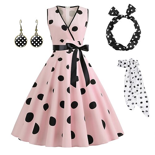 Damen A-Linien Rockabilly Kleid Polka-Dots Swing-Kleid Flair-Kleid mit Zubehörset 1950er Jahre Grease-Outfits 60er Retro Vintage mit Haarband Chiffon Schal Ohrringe Image