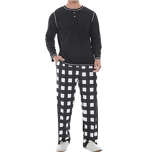 Herren Hausanzug Schlafanzüge Schlafanzug Set Pyjama-Oberteil und Hose 2 Stück Plaid Stilvoll Brautkleider schlicht Komfort Heim Täglich Baumwollmischung Komfort Henley Langarm T Shirt Hose Kordelzug Image