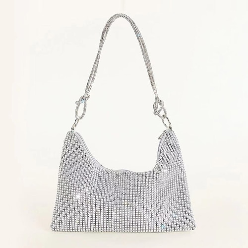 Silberne Umhängetasche mit Strasssteinen für Damen – glitzernde Hobo-Handtasche mit Knotenriemen für Abendpartys, Hochzeiten und Ausgehen