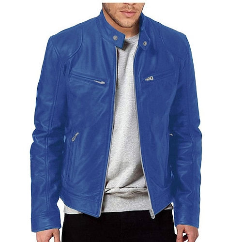 Männlich Kunstlederjacke übergangsjacke Bikerjacke Outdoorbekleidung Alltagstauglich Winddicht Knöpfe Herbst Winter Reisverschluss Lässig Rundhalsausschnitt Regulär Kunstleder Silber Gold Schwarz Image