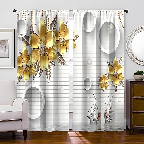 2 Paneele goldener Rosen-Vorhang, Verdunkelungsvorhang für Wohnzimmer, Schlafzimmer, Küche, Fensterbehandlungen, wärmeisolierte Raumverdunkelung Image