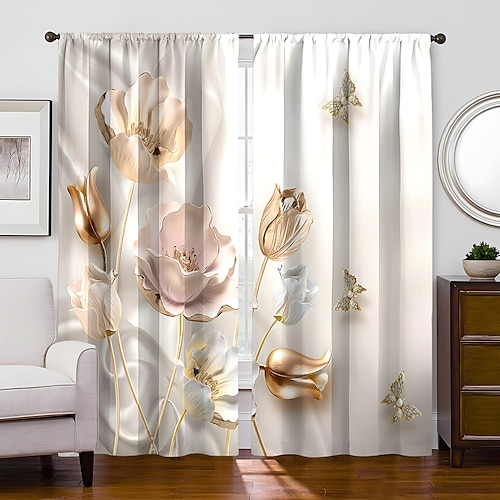 2 Paneele goldener Rosen-Vorhang, Verdunkelungsvorhang für Wohnzimmer, Schlafzimmer, Küche, Fensterbehandlungen, wärmeisolierte Raumverdunkelung Image