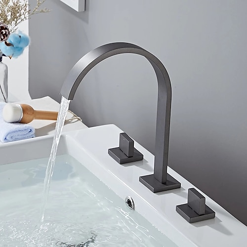 weit verbreitete Waschbecken-Mischbatterie, Hochbogen-Waschtischarmaturen 3-Loch-2-Griff-Waschtischarmatur Deck montiert, Y-Form-Schnellanschluss-Aschraumgefäß-Wasserhahn mit Kalt-Warm-Schlauch Image