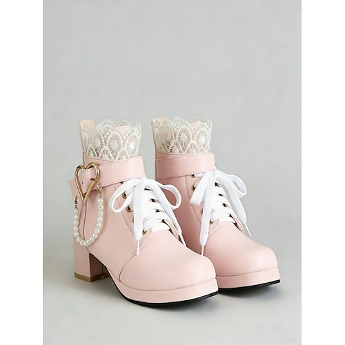 weiße Brautstiefeletten für Damen – Hochzeitsschuhe zum Schnüren mit Herz- und Perlenverzierung, dicker Absatz für Vintage-inspirierte Bräute Image