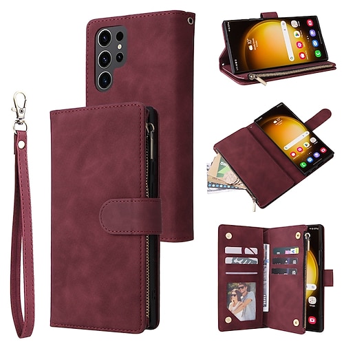Handy Hülle Handyhüllen Für Samsung Galaxy S25 S24 S23 S23 FE S22 S21 Ultra Plus A14 A34 A54 A24 Brieftaschenhülle Reisverschluss Mit Handgelenkschlaufe Ständer Retro TPU PU-Leder Image