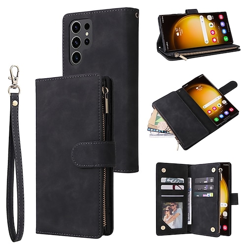 Handy Hülle Handyhüllen Für Samsung Galaxy S26 Ultra Plus S25 S24 S23 S22 S23 FE S21 Ultra Plus S20 A14 A34 Brieftaschenhülle Reisverschluss Mit Handgelenkschlaufe Ständer Retro TPU PU-Leder Image