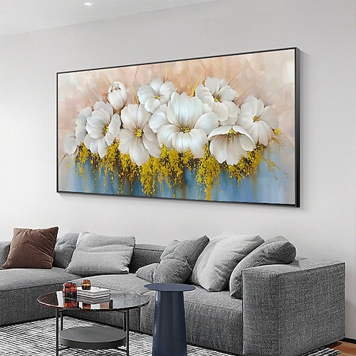 Handgefertigtes handgemaltes Ölgemälde an der Wand, abstraktes Ölgemälde mit weißen blühenden Blumen auf Leinwand, originales goldenes Blumen-Acrylgemälde, modernes großes Wandkunst-Dekor, gerollte Image