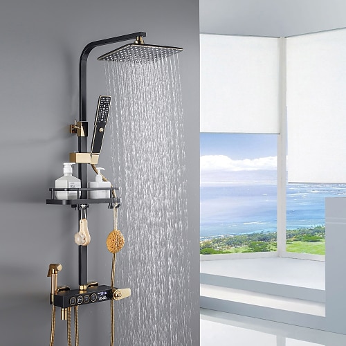 Duscharmatur, Duschsystem / Regenduschkopfsystem / Thermostat-Mischventil-Set, Handbrause inklusive, ausziehbare Regendusche, galvanisierte Montage, Außenwanne, Duschmischbatterien Image