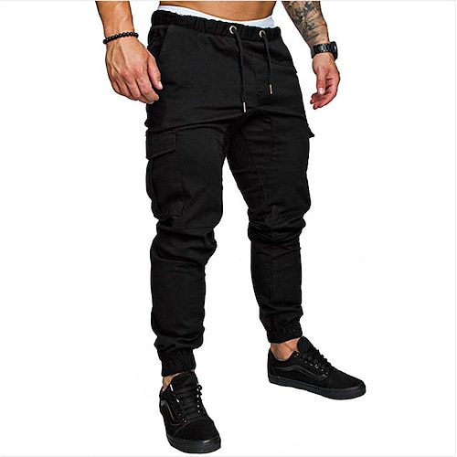 Herren Cargohose Cargohosen Cargohose Jogginghose Jogger Hose Hosen Kordelzug Elastische Taille Multi Pocket Feste Farbe Sports Outdoor Freizeitskleidung Strassenmode Brautkleider schlicht Schwarz Image