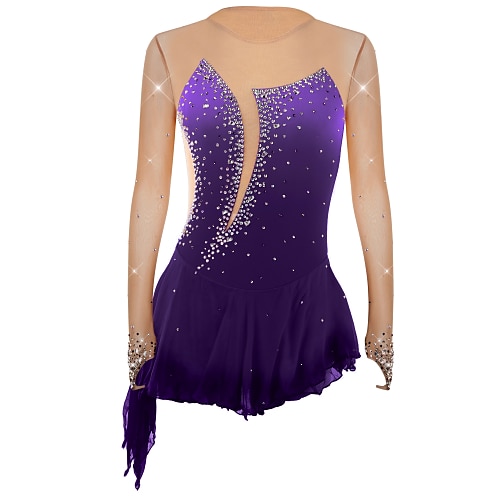 Eiskunstlaufkleid Damen Mädchen Eislaufen Kleid Outfits Violett Gelb Pudriges Rosa Asymmetrischer Saum Netzstoff Spandex Wettbewerb Eiskunstlaufkleidung Mode Langarm Eislaufen Eiskundstlauf Image