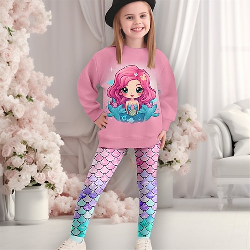 Mädchen 3D Meerjungfrau Set aus Sweatshirt und Leggings Rosa Langarm 3D-Druck Herbst Winter Aktiv Modisch Täglich kinderkleidung 3-12 Jahre Rundhalsausschnitt Outdoor Urlaub Verabredung Regular Fit Image