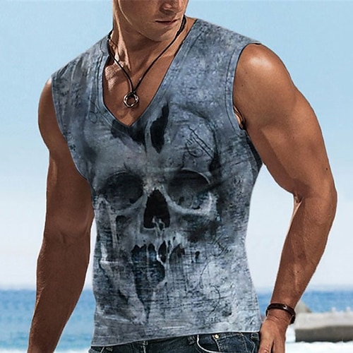 Herren Grafik Totenkopfe Weste Ärmelloses T-Shirt für Herren Ärmellos T-Shirt 3D-Druck V Ausschnitt Hemd Designer Lässig Muskel Sport Laufen Fitnessstudio Blau Purpur Khaki Frühling Sommer Image