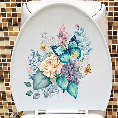 Lustiger Blumen-Schmetterling-Toilettendeckel-Aufkleber – wasserfester, selbstklebender Badezimmer-Dekoraufkleber, Raumdekoration, Heimdekoration Image