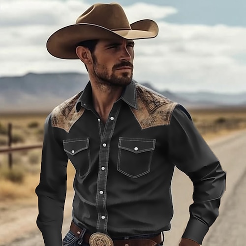 Herren Cowboy Hemd Westernhemd Cowboy-Shirt Langarm Tropisch Mode Designer Outdoor Täglich Herbst Winter Umlegekragen Druck Button-Down Schwarz Gelb Marineblau Grün Image