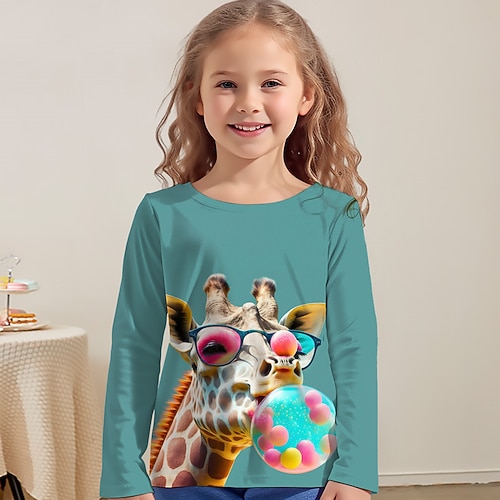 Mädchen 3D Graphic Tier Giraffe T-Shirt Langarm 3D-Druck Sommer Herbst Aktiv Modisch Kuschelig kinderkleidung 3-12 Jahre Outdoor Casual Täglich Regular Fit Image