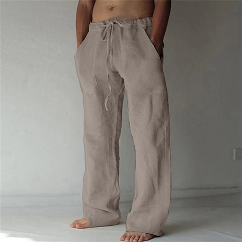Herren Leinenhosen Hose Freizeithose Sommerhose Baggy-Hosen Kordelzug Fronttasche Gerader Schnitt Einfach Komfort Weich Volle Länge Strand Fitnessstudio Yoga Mode Hawaiianisch Schwarz Weiß Image