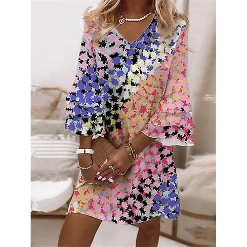 Damen Mini-Kleid Freizeitkleid Semi-Formal Kleid Petite Kleid Sommerkleid Streetwear Rüschensleeve Urlaub Straßen-Date Regular Fit Floral 3/4-Ärmel V-Ausschnitt Weiß Pink Blau Lila Image
