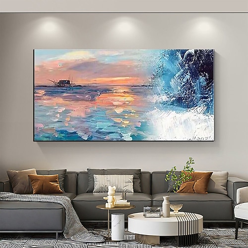 reines handgemaltes Sonnenuntergang-Meer-Himmel-Ozean-Strand-Landschaft bunte abstrakte Wandkunst extra großes Panorama-Ölgemälde auf Leinwand Image