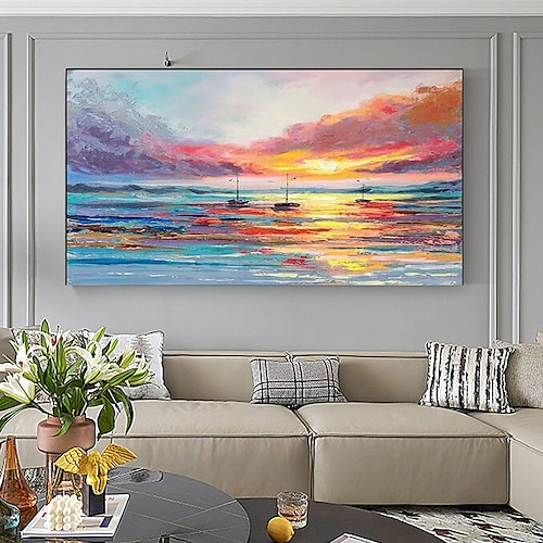 reines handgemaltes Sonnenuntergang-Meer-Himmel-Ozean-Strand-Landschaft bunte abstrakte Wandkunst extra großes Panorama-Ölgemälde auf Leinwand Image