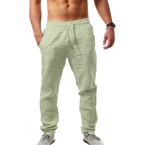 Herren Leinenhosen Hose Sommerhose Strandhose Kordelzug Einfach Komfort Atmungsaktiv Volle Länge Lässig Yoga Wochenende Streetwear Schlank Blau Schwarz Mikroelastisch Image
