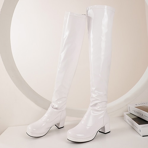 schwarze Overknee-Stiefel aus Lackleder für Damen mit klobigem Absatz, stilvoll und elegant für den Abend und Partys Image