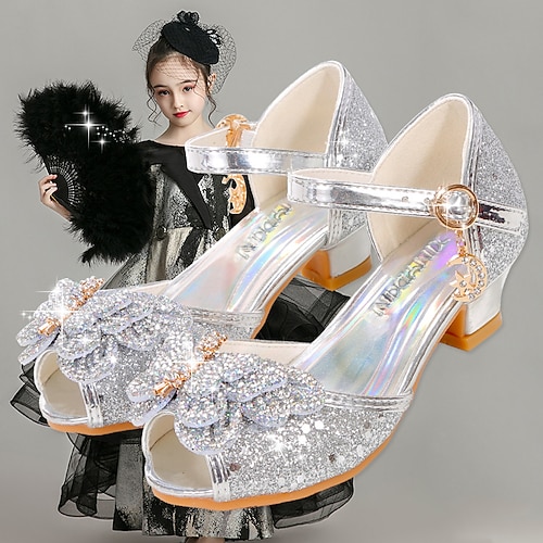 Silberne Glitzer-Prinzessinnenschuhe für Mädchen – glitzernde Mary-Jane-Sandalen mit Schleife und niedrigem Absatz, elegante Party- und Brautschuhe Image