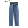 DEAT pantaloni in Denim da donna contrasto colore regolare la vita Jeans Streetwear dritti dritti a