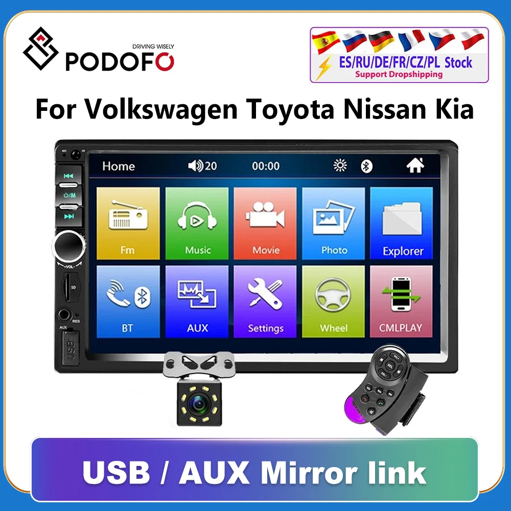Podofo 2din Autoradio 2 din car Multimedia Player 2DIN Autoradio Android Mirrorlink 2din Car Stereo MP5 Bluetooth USB FM Camera