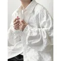 Camicia oversize donna Jacquard bianco manica lunga Top primavera Chic camicetta monopetto donna